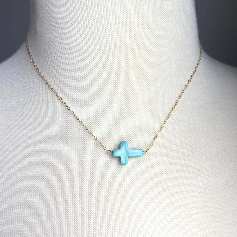 14K/ Sterling sideways Turquoise Cross Necklace